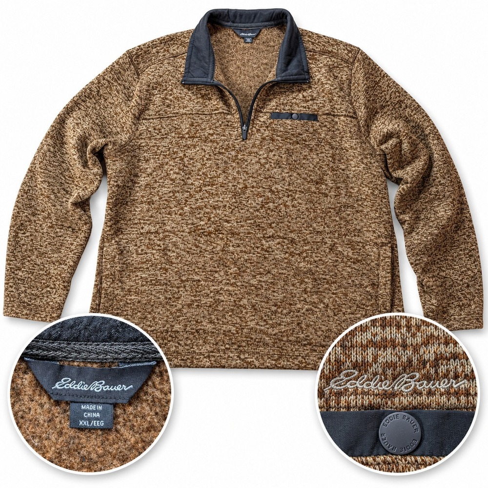 Eddie Bauer Quarter Zip Pullover Mens XXL Brown Marl Fleece Lined